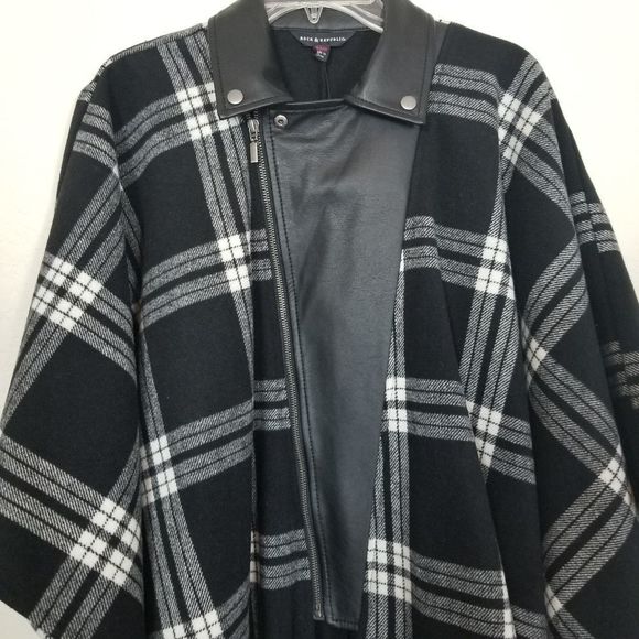 1 DAY SALE NEW ROCK & REPUBLIC Plaid Fringe Moto Biker Poncho Cape Jacket Shawl - Picture 7 of 13